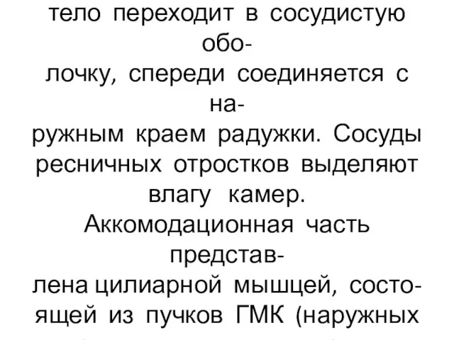 Ресничным кружком цилиарное тело переходит в сосудистую обо- лочку, спереди соединяется