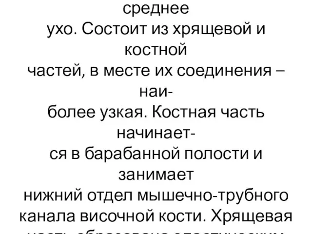 Слуховая труба служит для поступ- ления воздуха из глотки в среднее