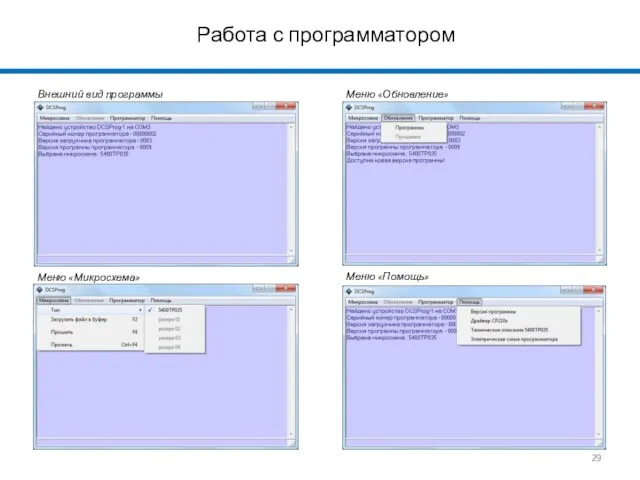 Работа с программатором Внешний вид программы Меню «Микросхема» Меню «Обновление» Меню «Помощь»