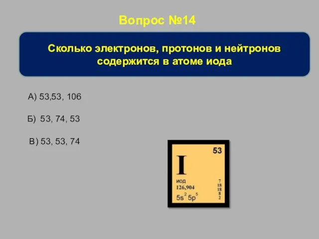 Вопрос №14 Сколько электронов, протонов и нейтронов содержится в атоме иода