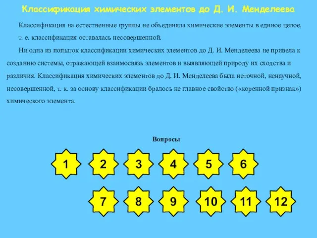 Классификация химических элементов до Д. И. Менделеева Классификация на естественные группы