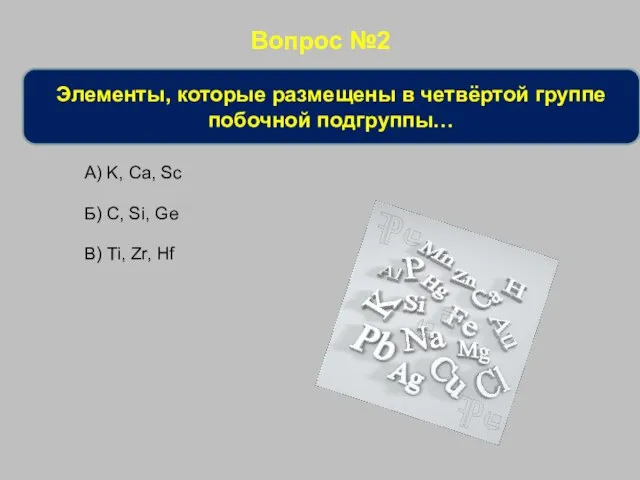 Вопрос №2 Элементы, которые размещены в четвёртой группе побочной подгруппы… А)