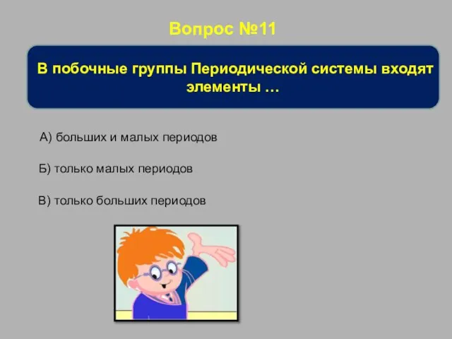 Вопрос №11 В побочные группы Периодической системы входят элементы … А)