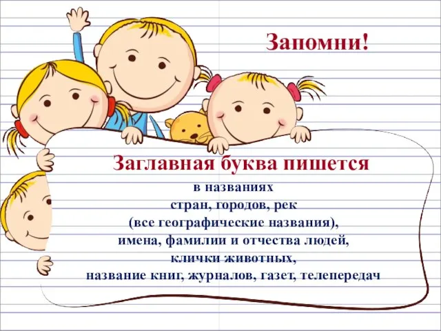 Запомни! Заглавная буква пишется в названиях стран, городов, рек (все географические