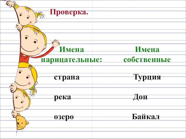 Проверка. страна Турция река Дон озеро Байкал Имена собственные Имена нарицательные: