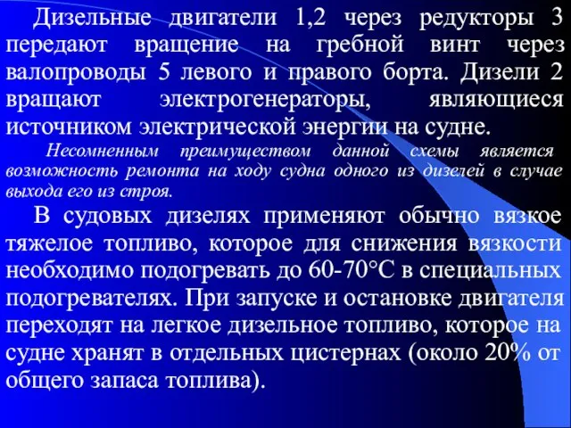 Дизельные двигатели 1,2 через редукторы 3 передают вращение на гребной винт