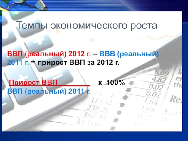 Темпы экономического роста ВВП (реальный) 2012 г. – ВВВ (реальный) 2011