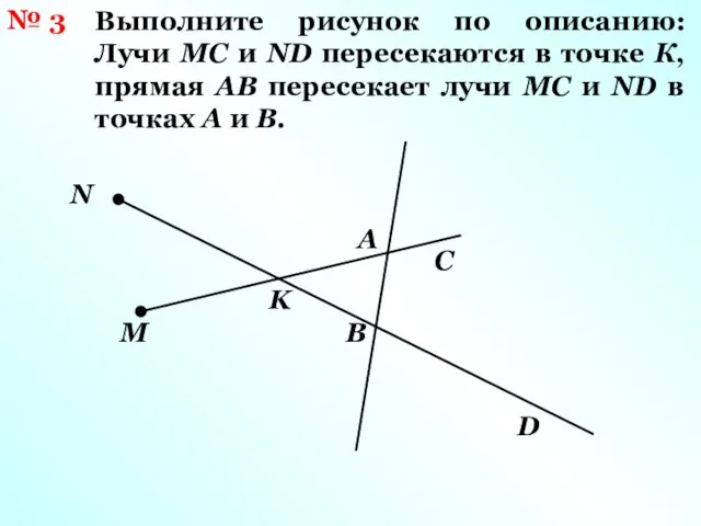 № 3 Выполните рисунок по описанию: Лучи МС и ND пересекаются