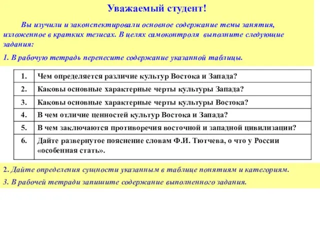 Уважаемый студент! Вы изучили и законспектировали основное содержание темы занятия, изложенное