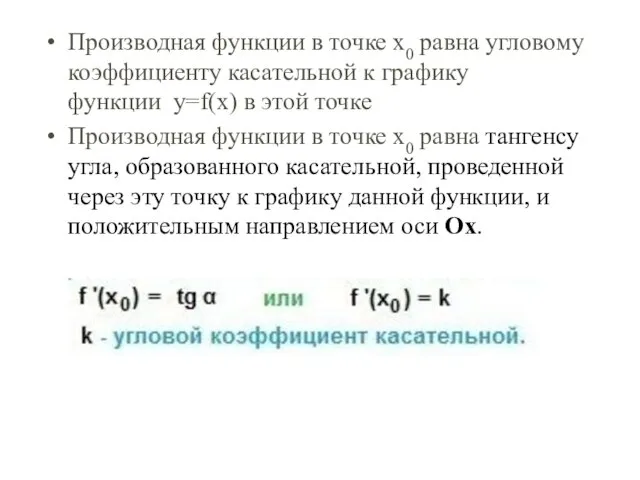 Производная функции в точке x0 равна угловому коэффициенту касательной к графику