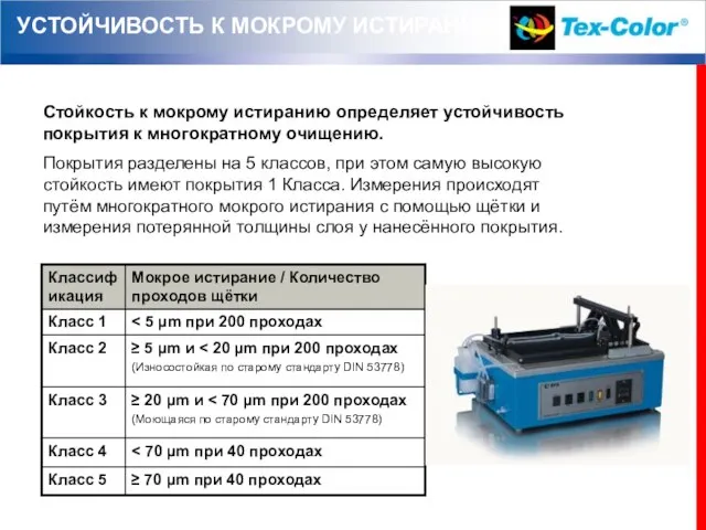 Стойкость к мокрому истиранию определяет устойчивость покрытия к многократному очищению. Покрытия