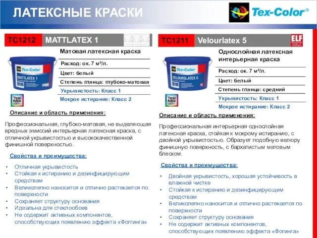 ЛАТЕКСНЫЕ КРАСКИ Описание и область применения: Профессиональная, глубоко-матовая, не выделяющая вредных