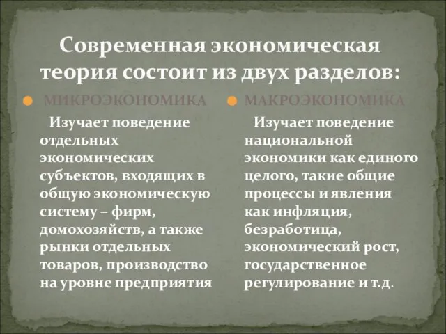 Современная экономическая теория состоит из двух разделов: МИКРОЭКОНОМИКА Изучает поведение отдельных