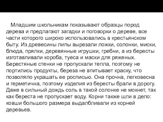 Младшим школьникам показывают образцы пород дерева и предлагают загадки и поговорки