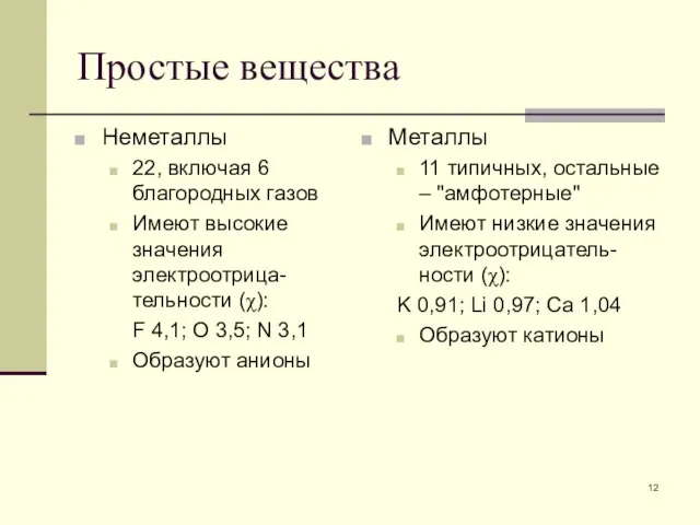 Простые вещества Неметаллы 22, включая 6 благородных газов Имеют высокие значения