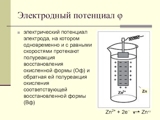 Электродный потенциал φ электрический потенциал электрода, на котором одновременно и с