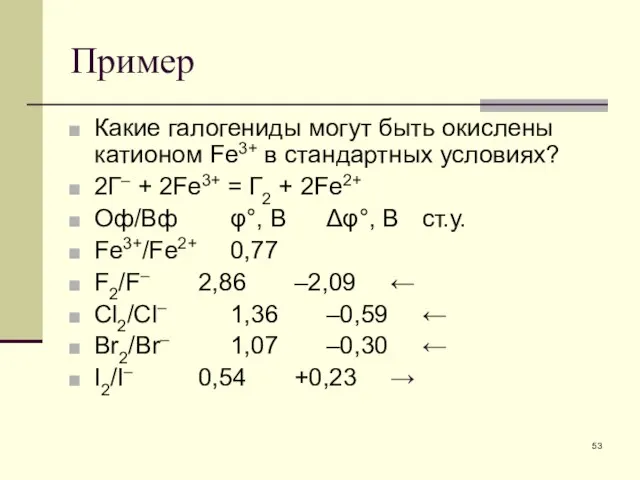 Пример Какие галогениды могут быть окислены катионом Fe3+ в стандартных условиях?