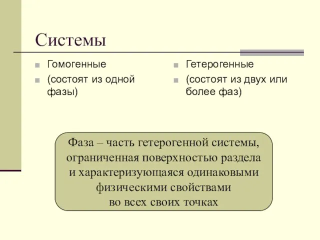 Системы Гомогенные (состоят из одной фазы) Гетерогенные (состоят из двух или