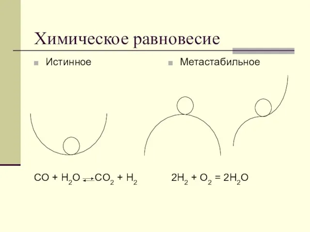 Химическое равновесие Истинное CO + H2O CO2 + H2 Метастабильное 2H2 + O2 = 2H2O