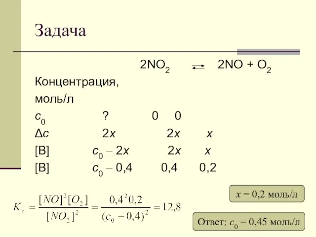 Задача 2NO2 2NO + O2 Концентрация, моль/л с0 ? 0 0