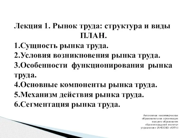 Лекция 1. Рынок труда: структура и виды ПЛАН. 1.Сущность рынка труда.