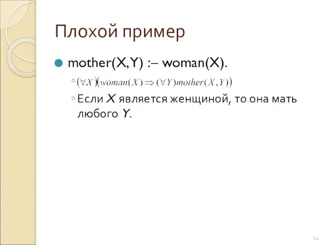 Плохой пример mother(X, Y) :– woman(X). Если X является женщиной, то она мать любого Y.