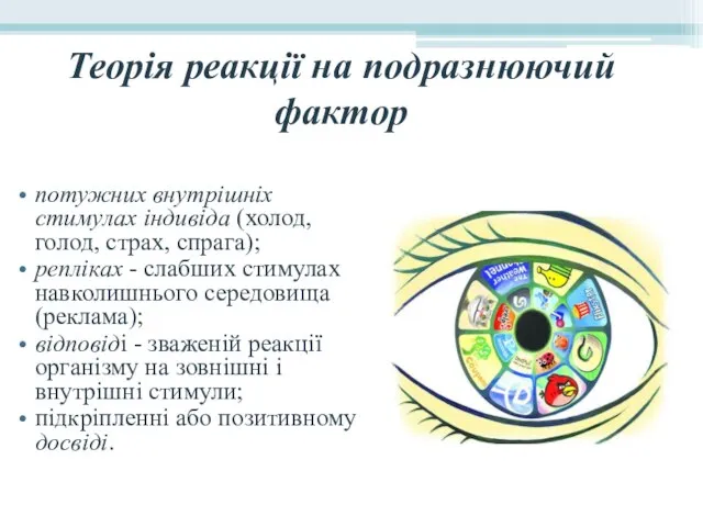 Теорія реакції на подразнюючий фактор Поведінка споживача базується на: потужних внутрішніх