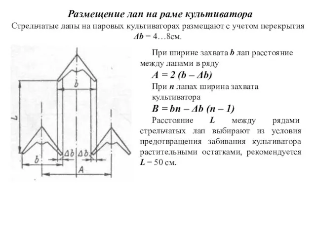 Размещение лап на раме культиватора Стрельчатые лапы на паровых культиваторах размещают