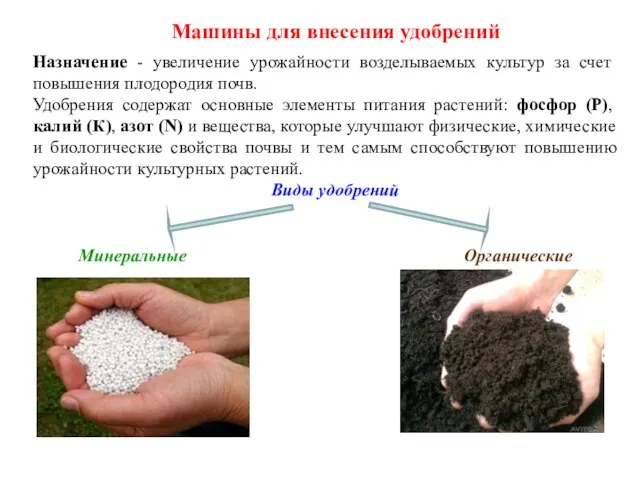 Машины для внесения удобрений Назначение - увеличение урожайности возделываемых культур за