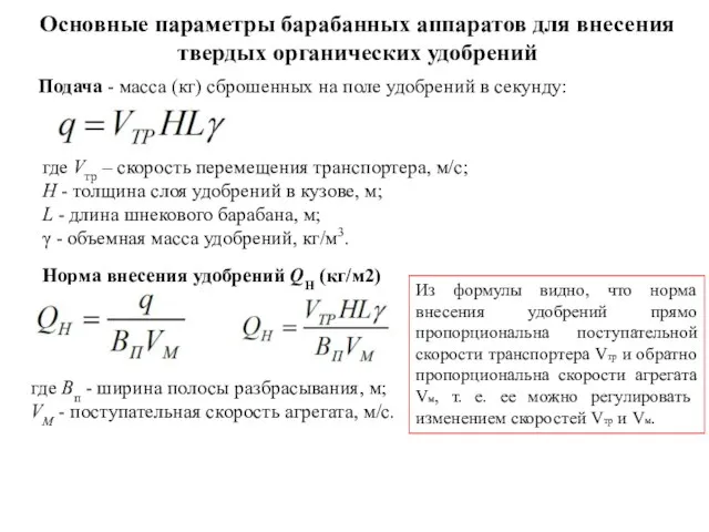 Основные параметры барабанных аппаратов для внесения твердых органических удобрений Подача -