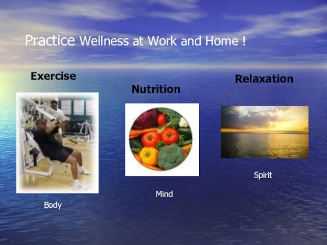 Practice Wellness at Work and Home ! Exercise Nutrition Relaxation Body Mind Spirit