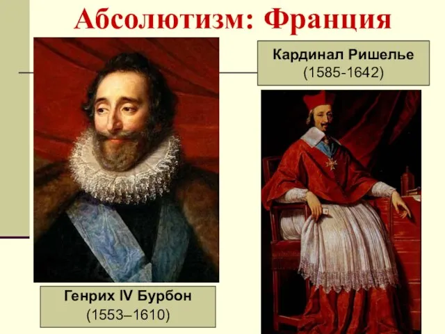 Абсолютизм: Франция Кардинал Ришелье Кардинал Ришелье (1585-1642) Генрих IV Бурбон (1553–1610)