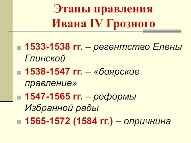 Этапы правления Ивана IV Грозного 1533-1538 гг. – регентство Елены Глинской
