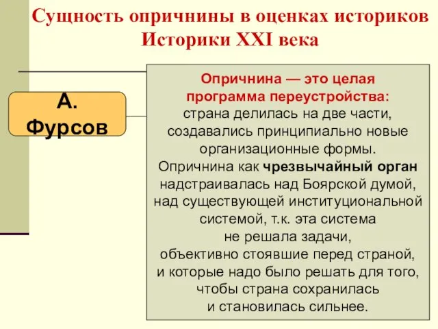 Сущность опричнины в оценках историков Историки ХХI века А.Фурсов Опричнина —