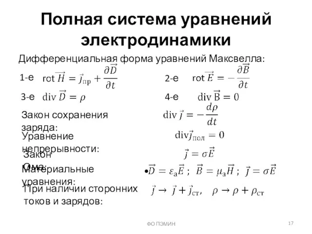 ФО ПЭМИН Полная система уравнений электродинамики Дифференциальная форма уравнений Максвелла: 1-е