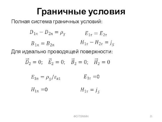 ФО ПЭМИН Граничные условия Полная система граничных условий: Для идеально проводящей поверхности: