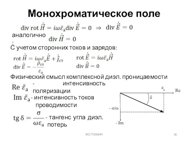 ФО ПЭМИН Монохроматическое поле аналогично: С учетом сторонних токов и зарядов: