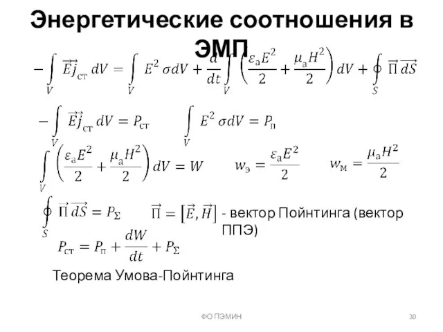 ФО ПЭМИН Энергетические соотношения в ЭМП - вектор Пойнтинга (вектор ППЭ) Теорема Умова-Пойнтинга