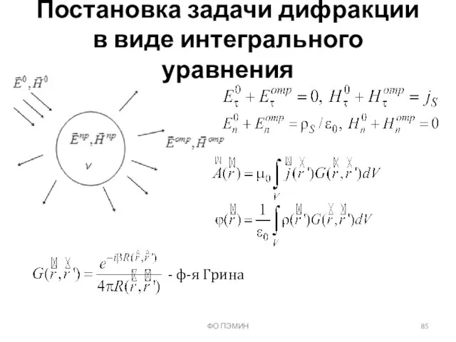 Постановка задачи дифракции в виде интегрального уравнения ФО ПЭМИН - ф-я Грина