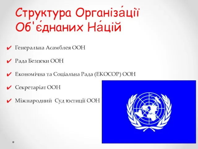 Структура Організа́ції Об'є́днаних На́цій Генеральна Асамблея ООН Рада Безпеки ООН Економічна
