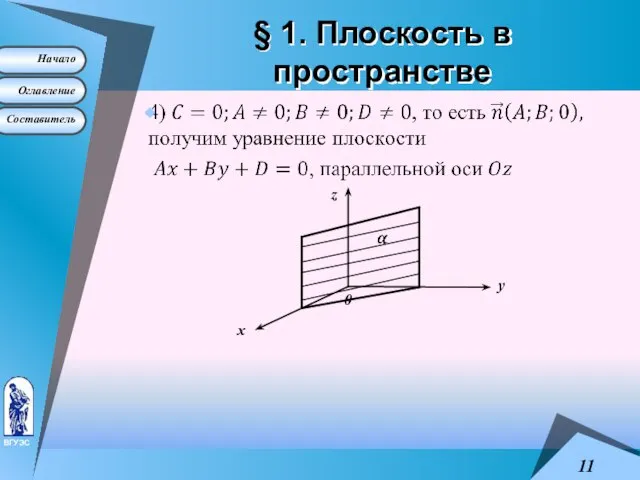 § 1. Плоскость в пространстве 0 х у z