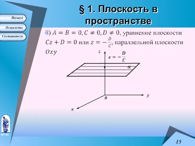 § 1. Плоскость в пространстве 0 х у z