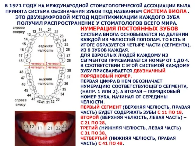 В 1971 ГОДУ НА МЕЖДУНАРОДНОЙ СТОМАТОЛОГИЧЕСКОЙ АССОЦИАЦИИ БЫЛА ПРИНЯТА СИСТЕМА ОБОЗНАЧЕНИЯ