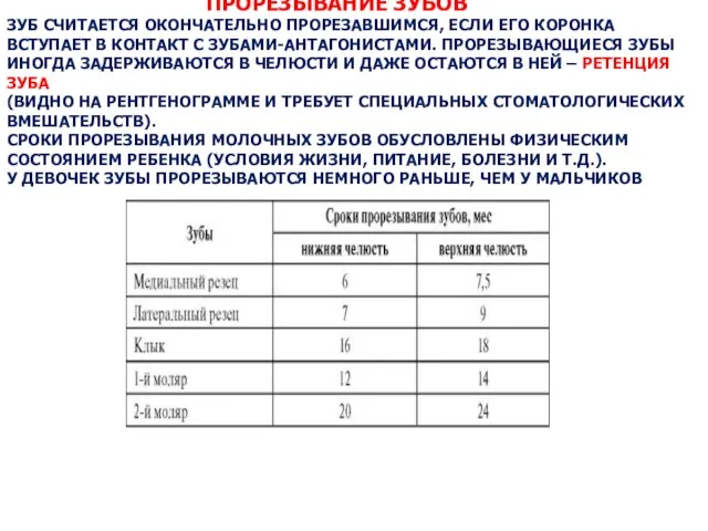 ПРОРЕЗЫВАНИЕ ЗУБОВ ЗУБ СЧИТАЕТСЯ ОКОНЧАТЕЛЬНО ПРОРЕЗАВШИМСЯ, ЕСЛИ ЕГО КОРОНКА ВСТУПАЕТ В