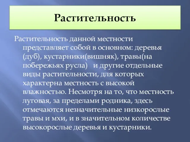 Растительность Растительность данной местности представляет собой в основном: деревья(дуб), кустарники(вишняк), травы(на