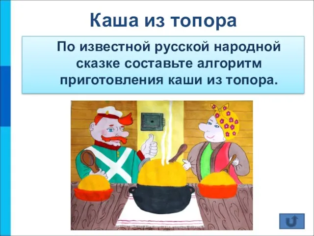 Каша из топора По известной русской народной сказке составьте алгоритм приготовления каши из топора.