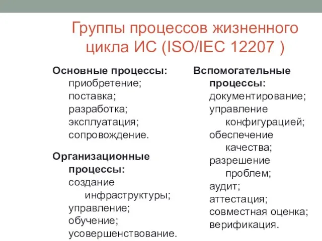 Группы процессов жизненного цикла ИС (ISO/IEC 12207 ) Основные процессы: приобретение;