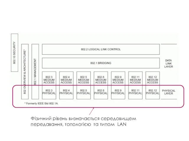 Фізичний рівень визначається середовищем передавання, топологією та типом LAN