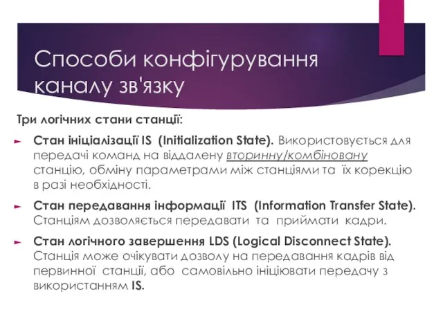 Способи конфігурування каналу зв'язку Три логічних стани станції: Стан ініціалізації IS