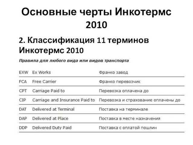 Основные черты Инкотермс 2010 2. Классификация 11 терминов Инкотермс 2010